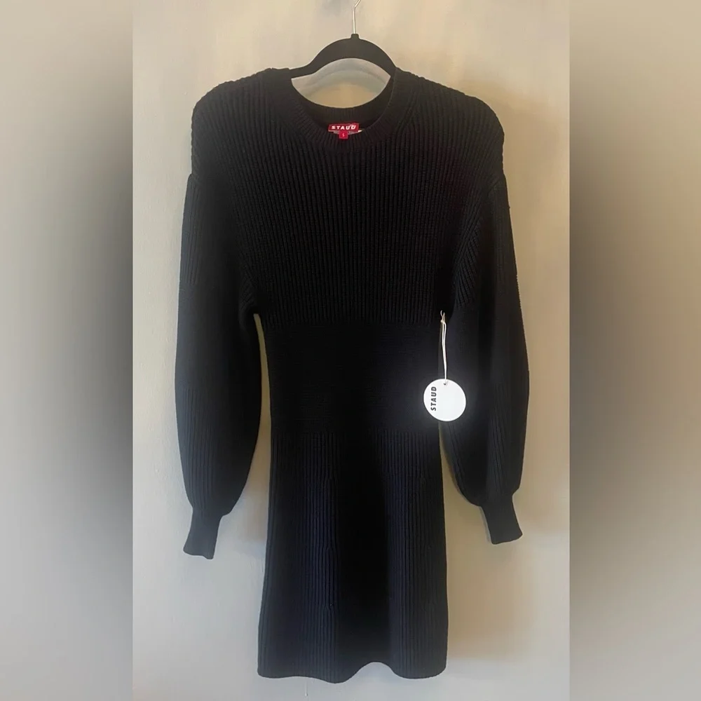 STAUD dress Marylebone balloon sleeve ribbed knit mini dress NWT black S $245- - Picture 8 of 12